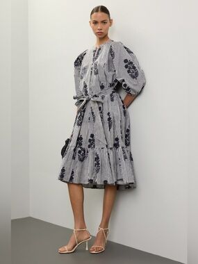 SZ Blockprints Aaron Navy Dress Stripe Floral Midi Size Medium 57139